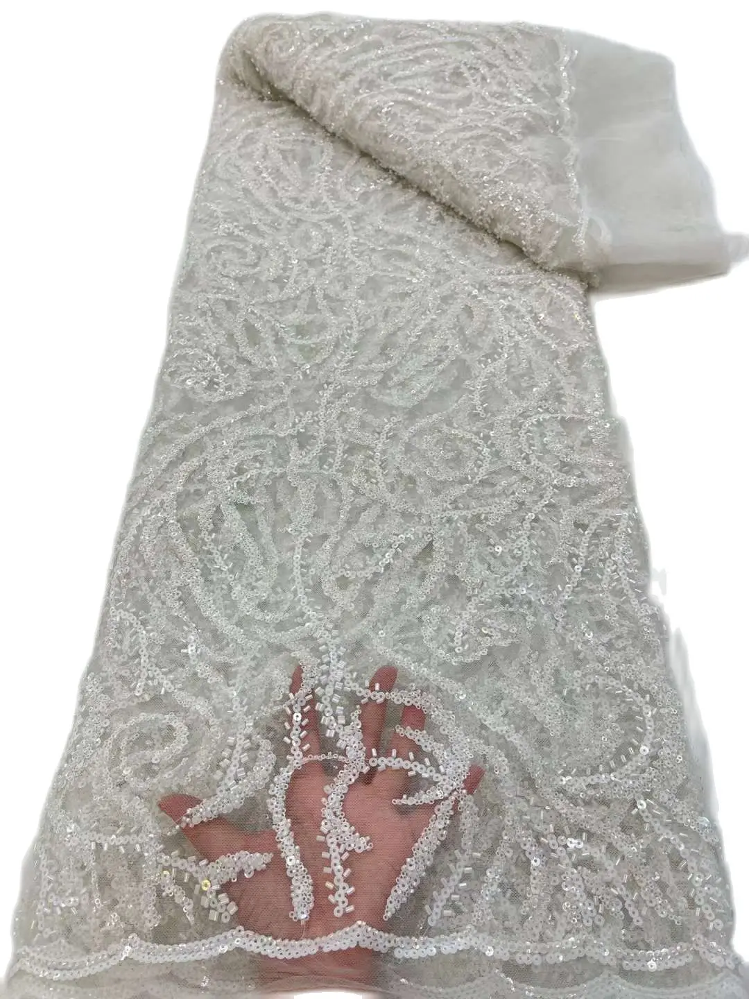 

New Arrival White Beaded Nigerian Lace Fabric 31JRB-91402 French Tulle Embroidered Mesh Material for Fashion Show or PartyDress