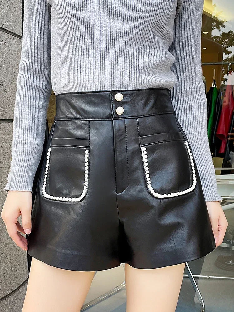 Tajiyane Genuine Sheepskin Leather Shorts for Women Spring Summer High Waist Wide Leg Short Womens Clothing Black Shorts Korean