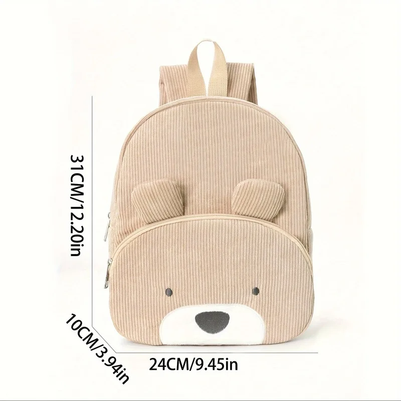 Cute Bear Corduroy Backpack for Elementary School Students, Fashionable Casual Backpack, Cartoon Plush Bag