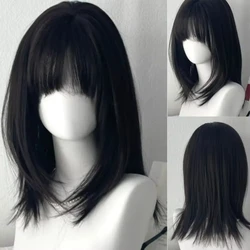 Y2K Wig for Women Black Medium Long Straight Hair Natural Simulation Daily Use Wig with Bangs Short Hair Bob Wig