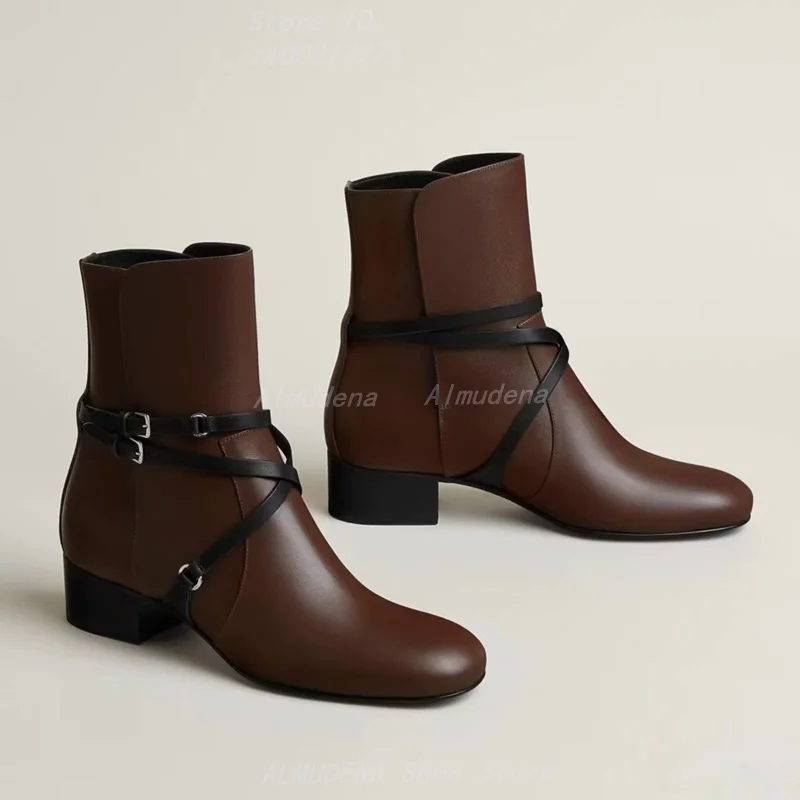 Coffee Brown Leather Block Middle Heel Ankle Boots Round Toe Buckle Strap Slip On Runway 2026 Winter Autumn Women Dress Shoes