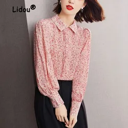 Fashion Pink Printing Single-breasted Blouse Women Classic Lantern Sleeve Casual Polo Collar Elegant Office Chiffon Lady Shirt