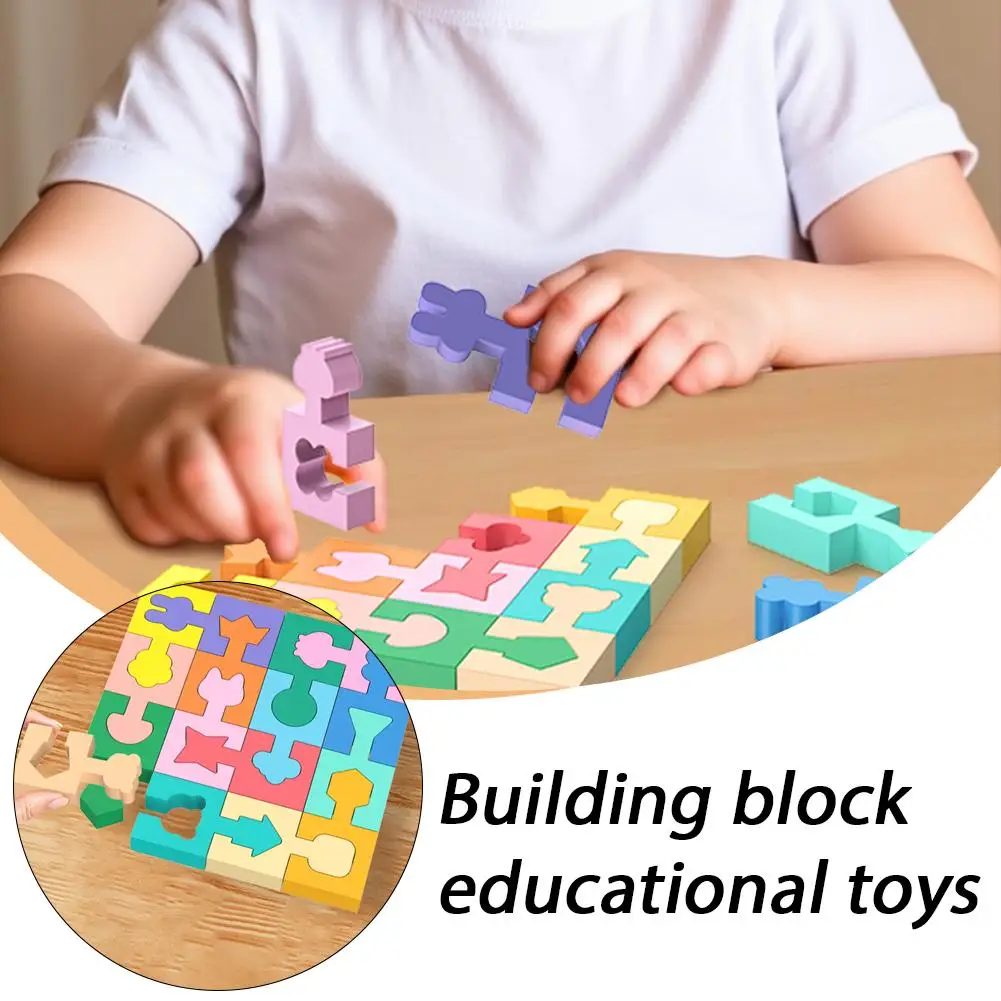 16pcs Interlocking Wooden Building Block Educational Toys Jigsaw Puzzle for Kids Boys Girls Learning Home School Matching Toy