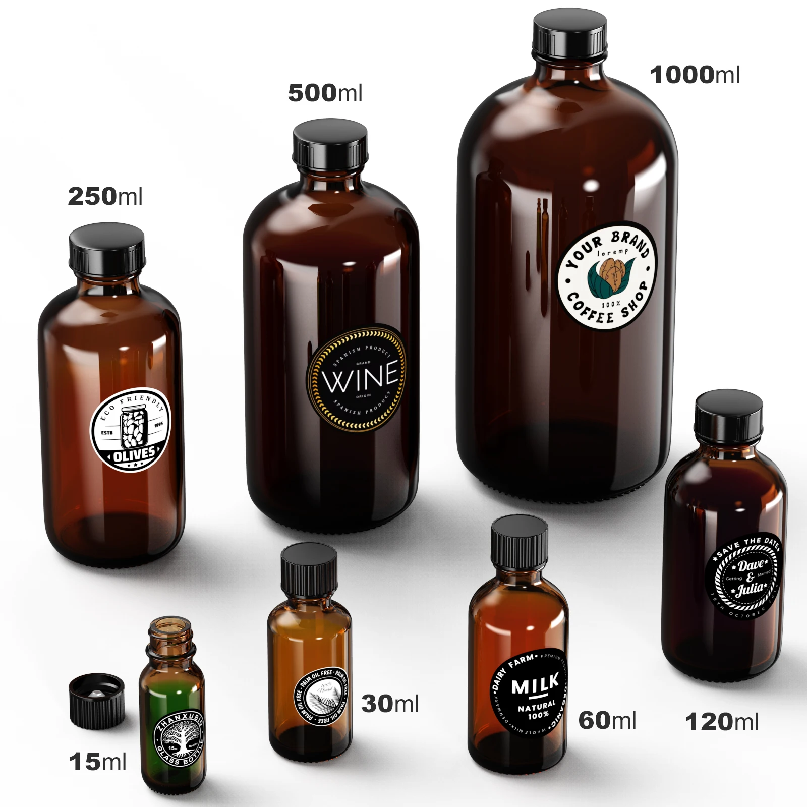 Botellas de vidrio redondas Boston ámbar/transparente con tapas negras para fermentación secundaria Kombucha y productos químicos de laboratorio por ks-tek