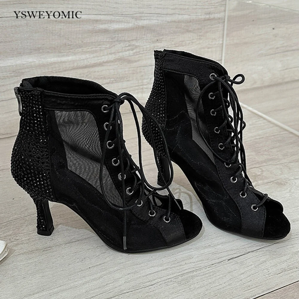 Salsa Dance Booties Black Rhinestones Sparkly Soft Sole Open Toe Latin Women Dance Booties For Dance Team