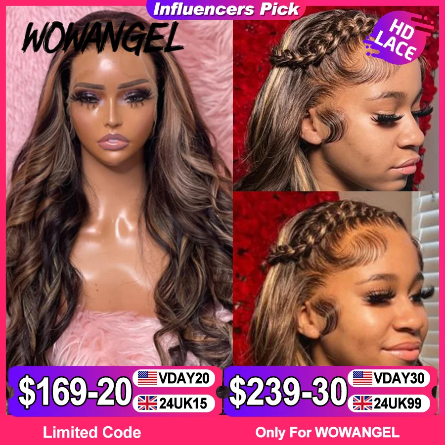 

Wow Angel 250% 13x4 HD Lace Frontal Wigs Body Wave Highlight Wig Pre Plucked Melt Skin Full Lace Frontal Wig HD Lace Closure Wig