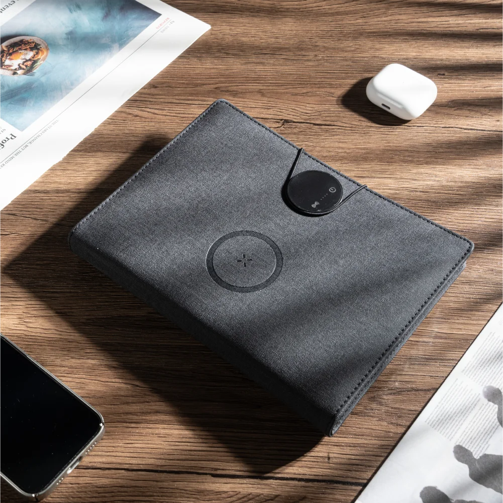 A5 Wireless Charging Notebook with Foldable Phone Stand, Linen Leather Cover, 3-in-1 Cable and Card Slots for Business Use