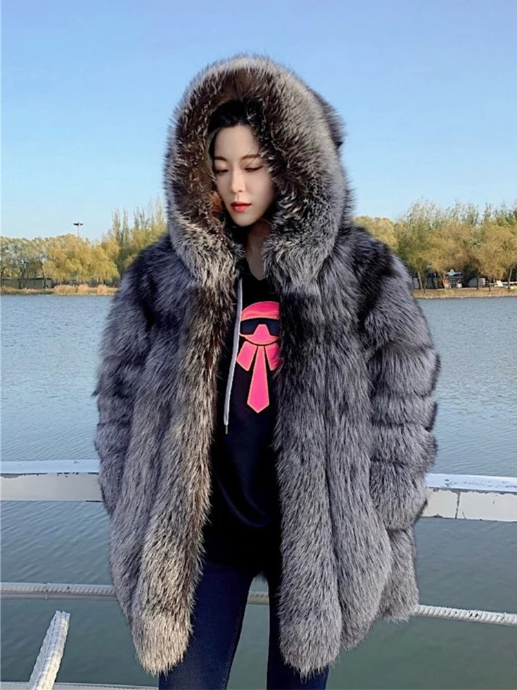 Winter Women Real Silver Fox Fur Coat Long Genuine Fur Jacket Luxury Natural Fur Streetwear Hooded Plush