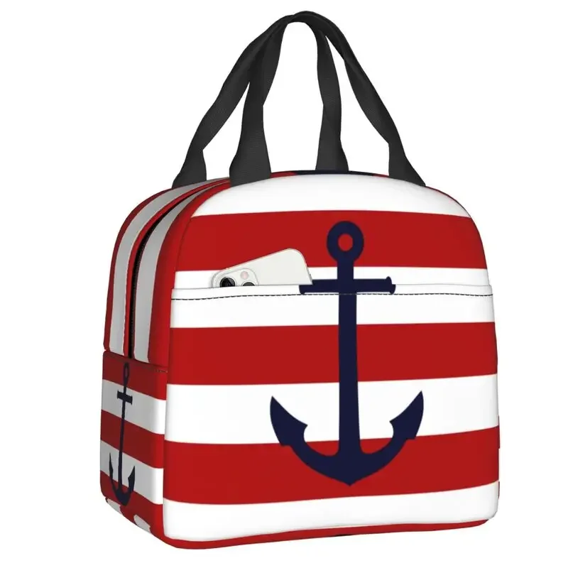 Nautical Navy Blue Anchor Stripes Insulated Lunch Bag for School Office Cooler Thermal Bento Box Women Food Container Tote Bags