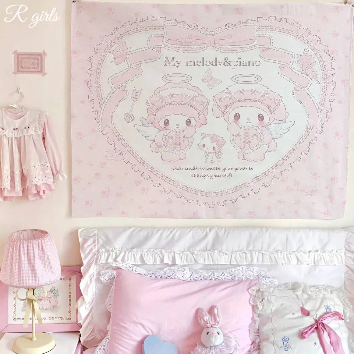 

Cute My Melody Tapestry, Kawaii Pink Aesthetic Wall Hanging for Dorm Bedroom Living Room, Wall Art Decor Gift