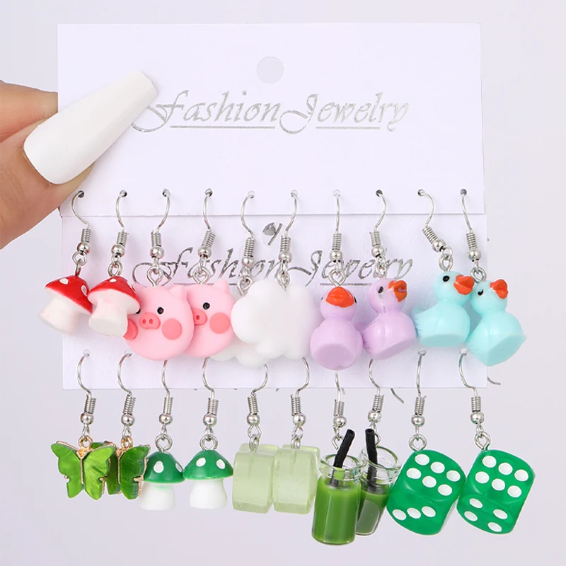 10 Pairs Cartoon Duck Dangle Earrings Set Cute Butterfly Heart Mushroom Animal Drop Earrings for Women Trendy Girl Kids Jewelry