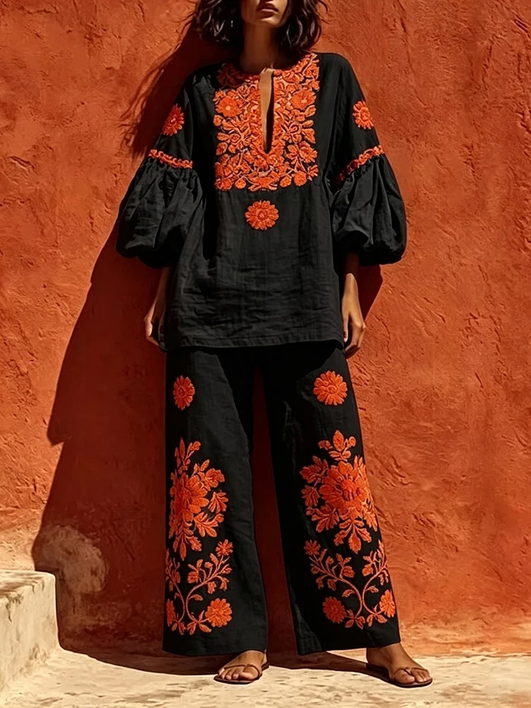 Elegant Long Sleeve O-neck Tops&Pants Sets Casual Loose Women's Wide Leg Pants Set Ethnic Style Vintage Printed Vacation Outfits