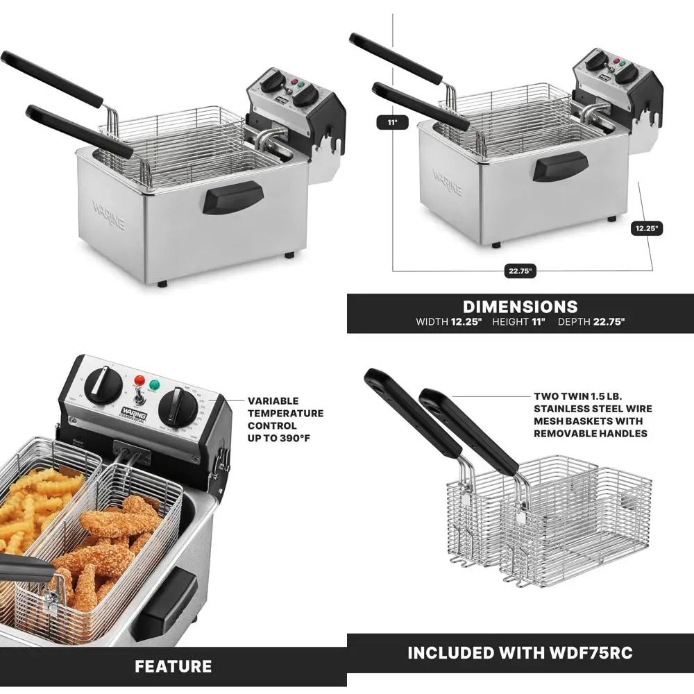 

Heavy-Duty 8.5 lb WDF75RC Double Basket Fryer with 4 Baskets, 2 Night Covers, 1800W, 120V, Silver