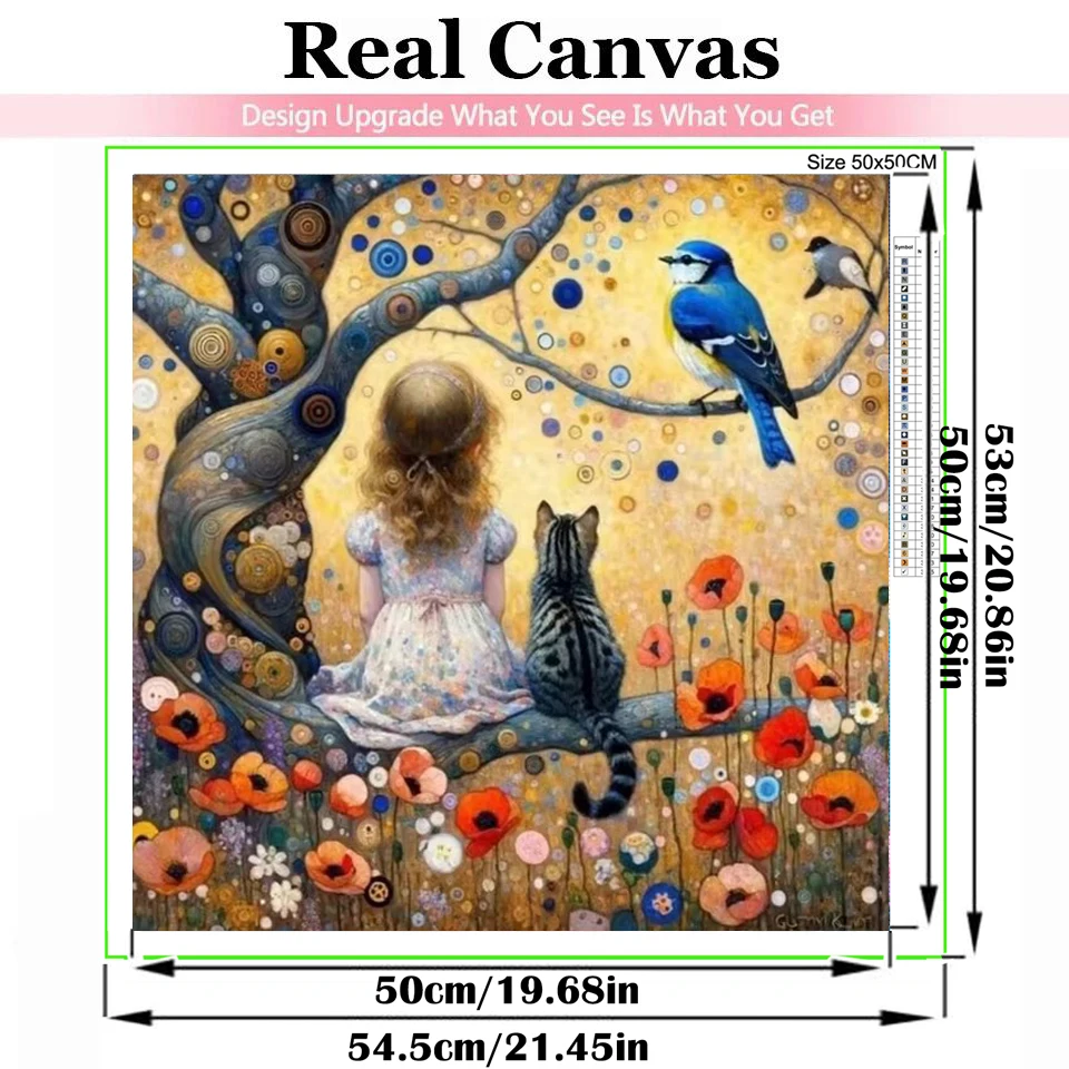 Poppy Flower Fairy Cute Girl And Bird Cat Diamond Painting Klimt Style Full Rhinestone Embroidery Mosaic Picture Manual Arts