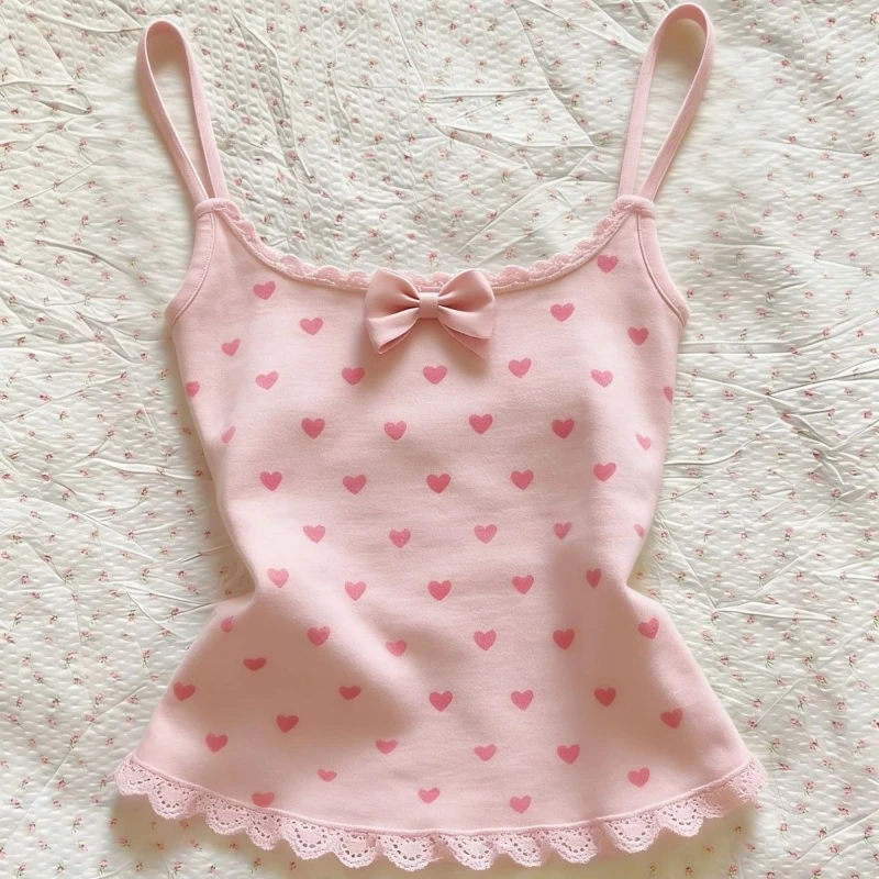Kawaii Sweet Slim Sling Print Pink Vest Women Design Fashion Thin Short Hot Girl Lovely Camisole Casual Sexy Vintage Clothing
