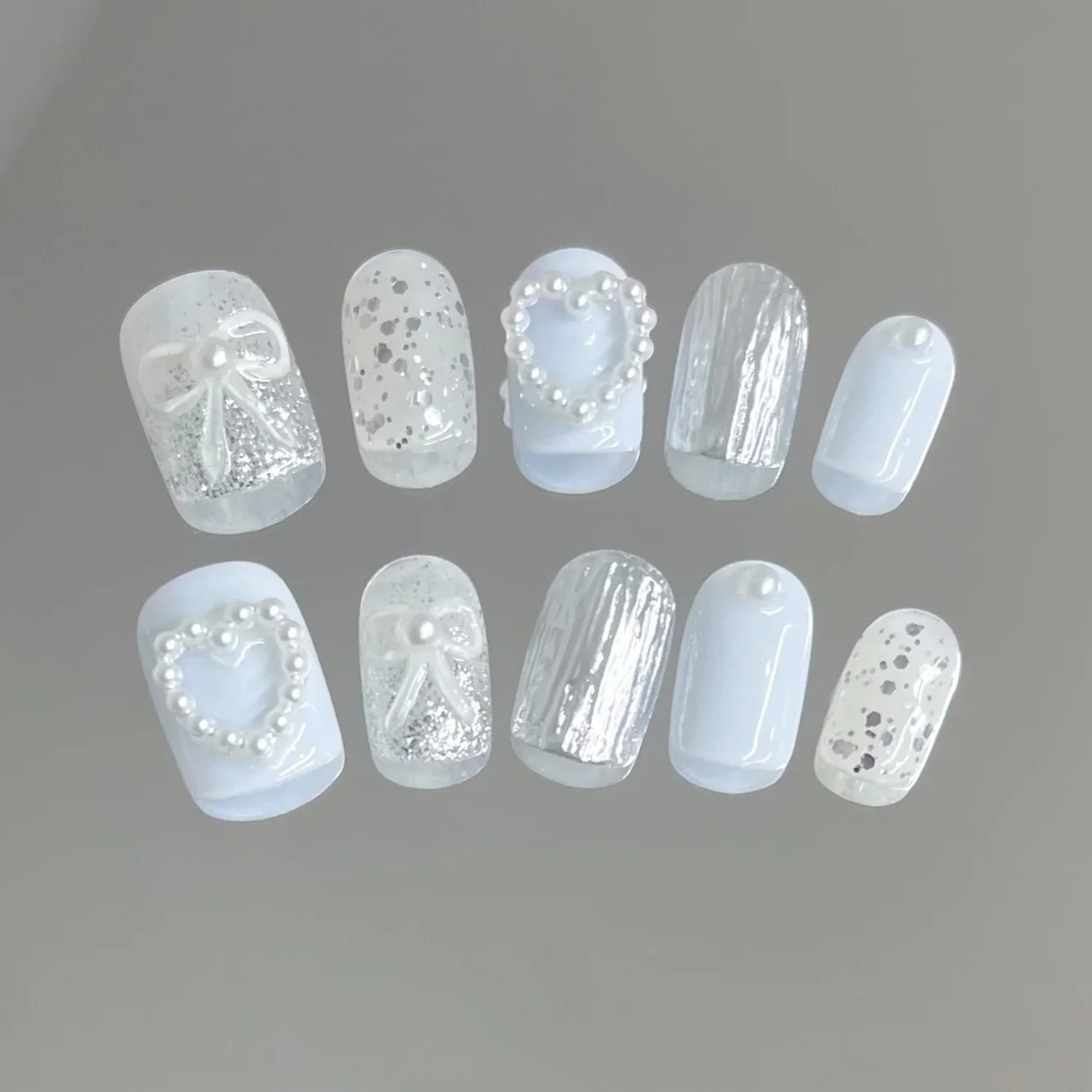 10Pcs Ballerina Handmade Press on Nails Blue Fake Nails with Pearl Design Wearable Stick-on Nails Full Cover False Nail Uñas 네일팁