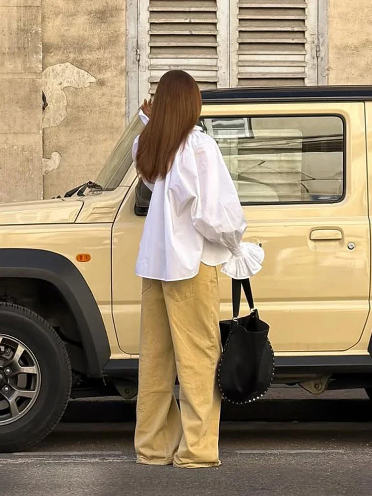 Women White V Neck Tie Front Lantern Sleeve Shirt Loose Fit Ruffle Cuff Blouse Chic Elegant Casual Streetwear Top view 3