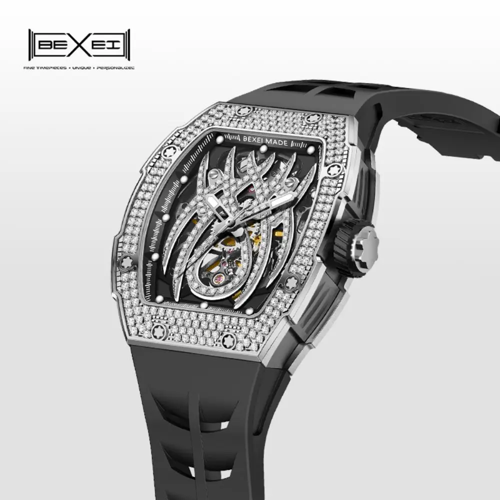 BEXEI-relojes mecánicos automáticos para hombre, accesorio de lujo con incrustaciones de circonita, zafiro en forma de barril, luminoso, resistente al agua, 80 horas de potencia, 9163