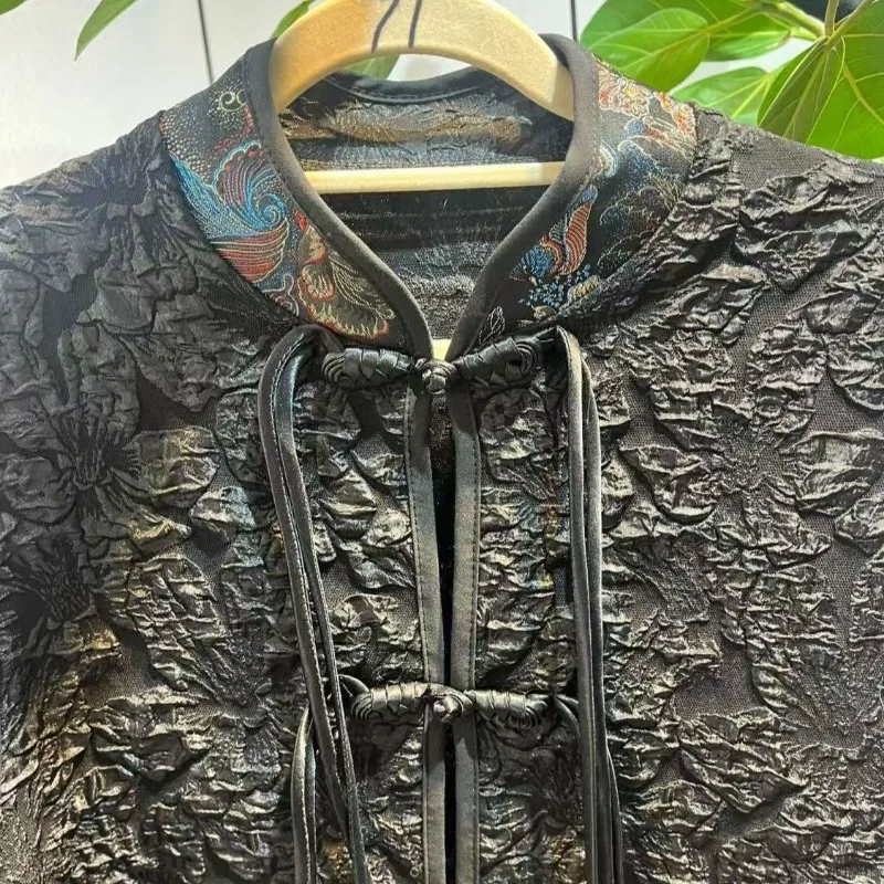 جديد الصينية الجاكار المطرزة صدرية سترة العرقية النمط الصيني التقليدي الأسود صدرية الرجعية أكمام زر الموضة