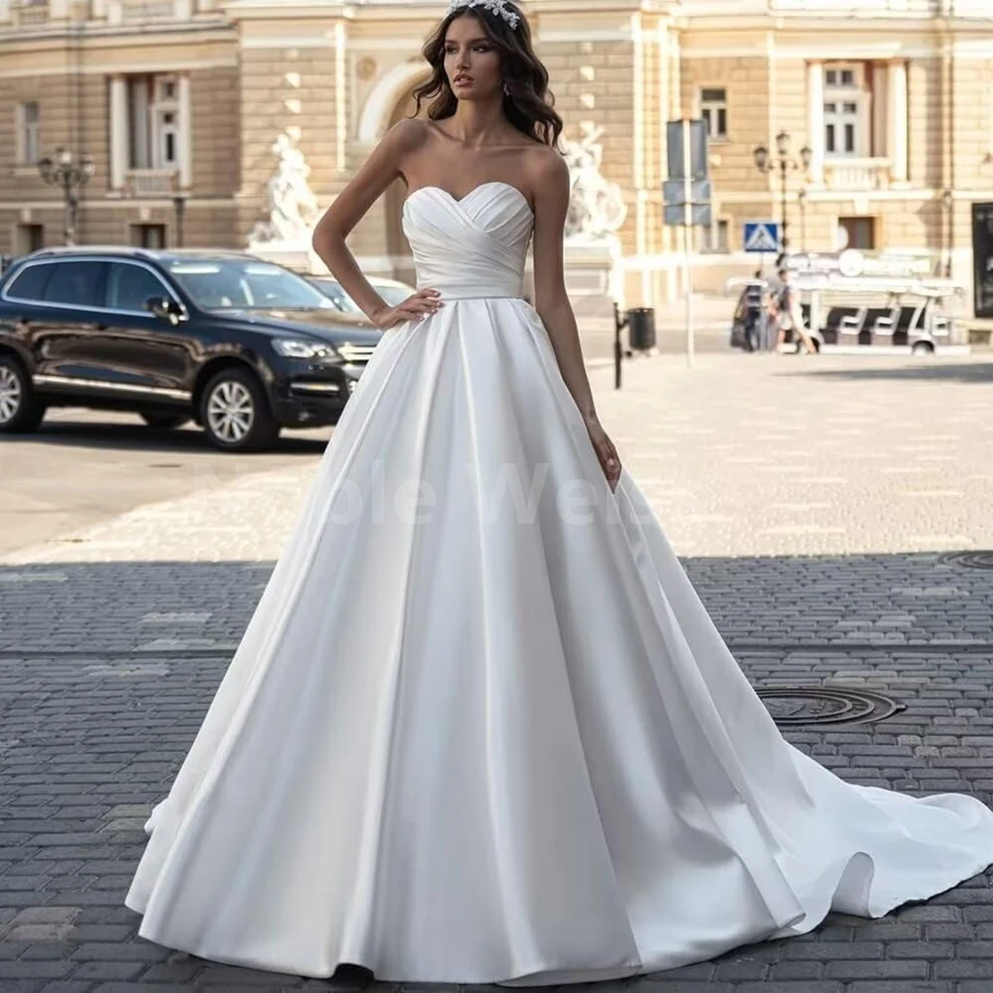 A-Line Sweep Train Wedding Dress Satin Pleat Brides Gown Customized