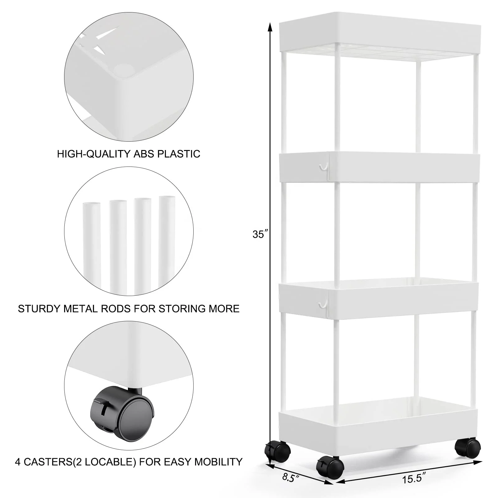 3 Tier Bathroom Storage Cart with Wheels Slide Out Bathroom Cart Organizer for Bathroom Laundry Kitchen Narrow Places