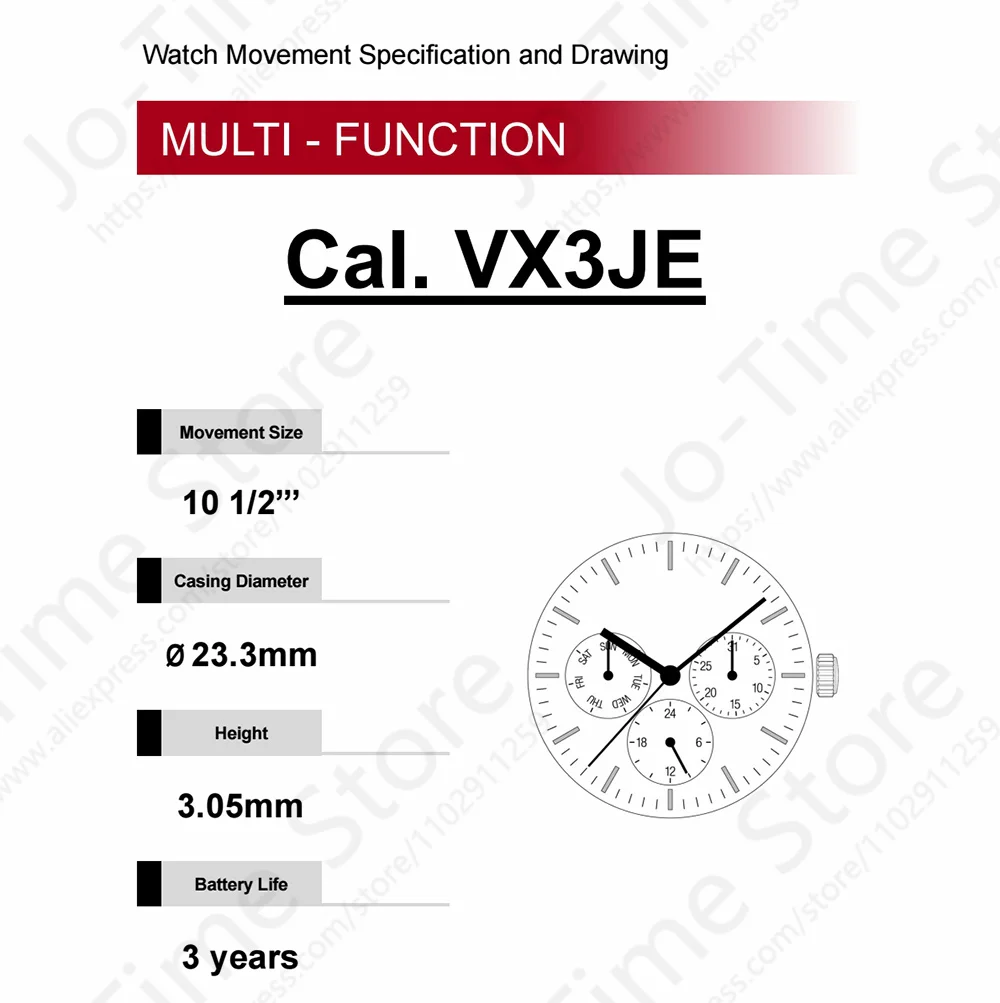 VX3J Movement Epson VX3JE Movment Analog Quartz 10 1/2\'\'\' Slim Movement / 3 Hands (H/M/S) And 3 Eyes With Day / Date / 24 Hour