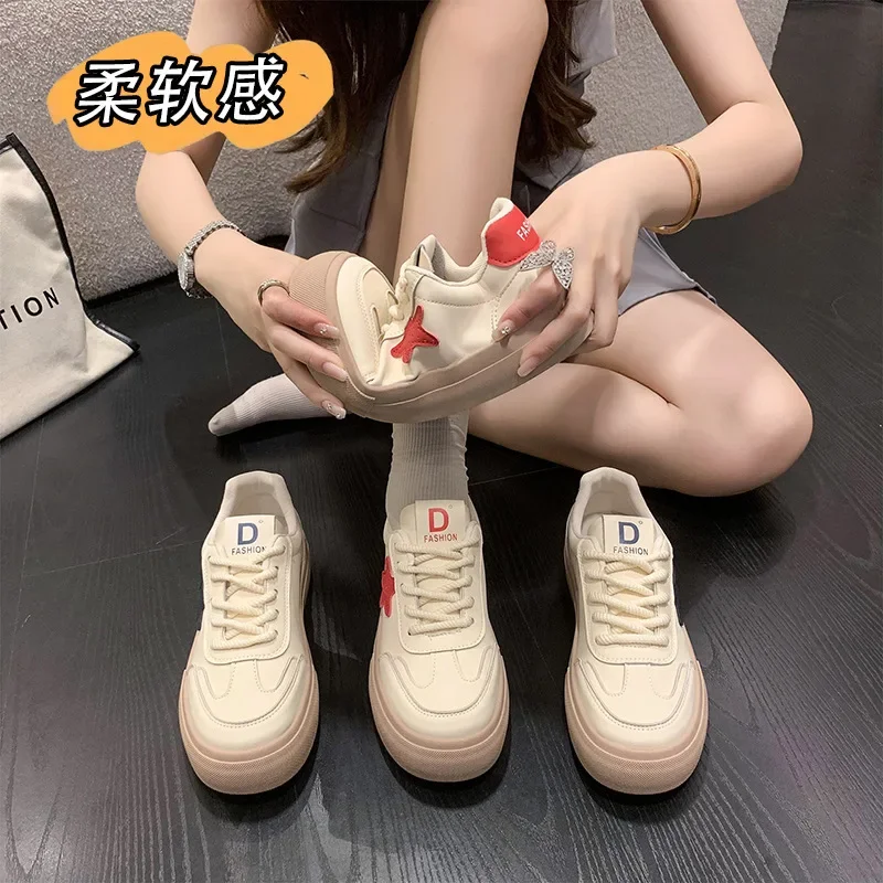 Women White Vulcanized Shoes Spring Autumn Fashion Star Lace Up Flats Tennis Sports Shoes Female Casual Platform Sneakers