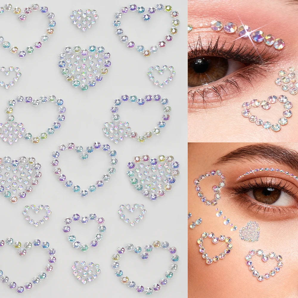 1sheet Aurora Dazzling Heart Face Gem Stickers Mixed Sizes Love Red Blue Clear Face Rhinestone Stickers Sparkling Face Decoratio