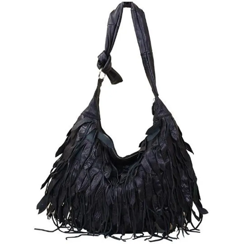 Black Genuine leather bag tassel single shoulder messenger bag large capacity beach bag ladies wholesale female bag