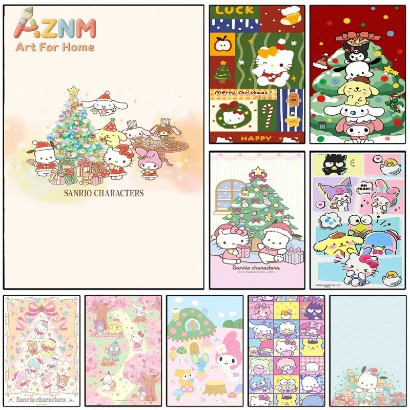 Sanrio Christmas Tree Gathering Canvas Wall Art Unframed Canvas Poster Kawaii Xmas Print for Kids Room Wall Decor Gift