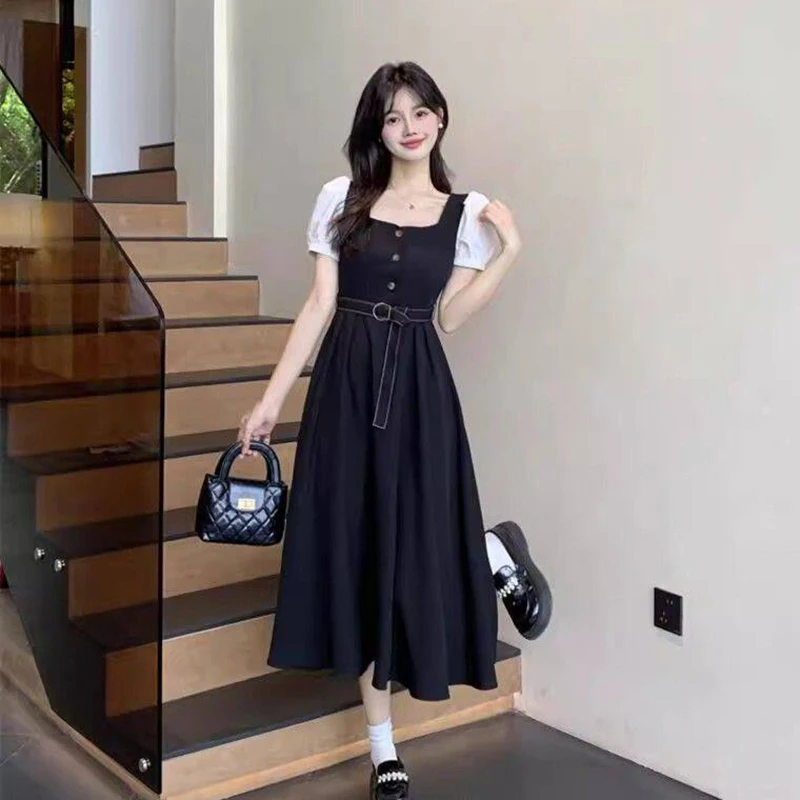 2026 Women's Contrast Color Block Midi Dress Puff Sleeve Square Neck Belted A-Line Casual Summer French Occasion Dress