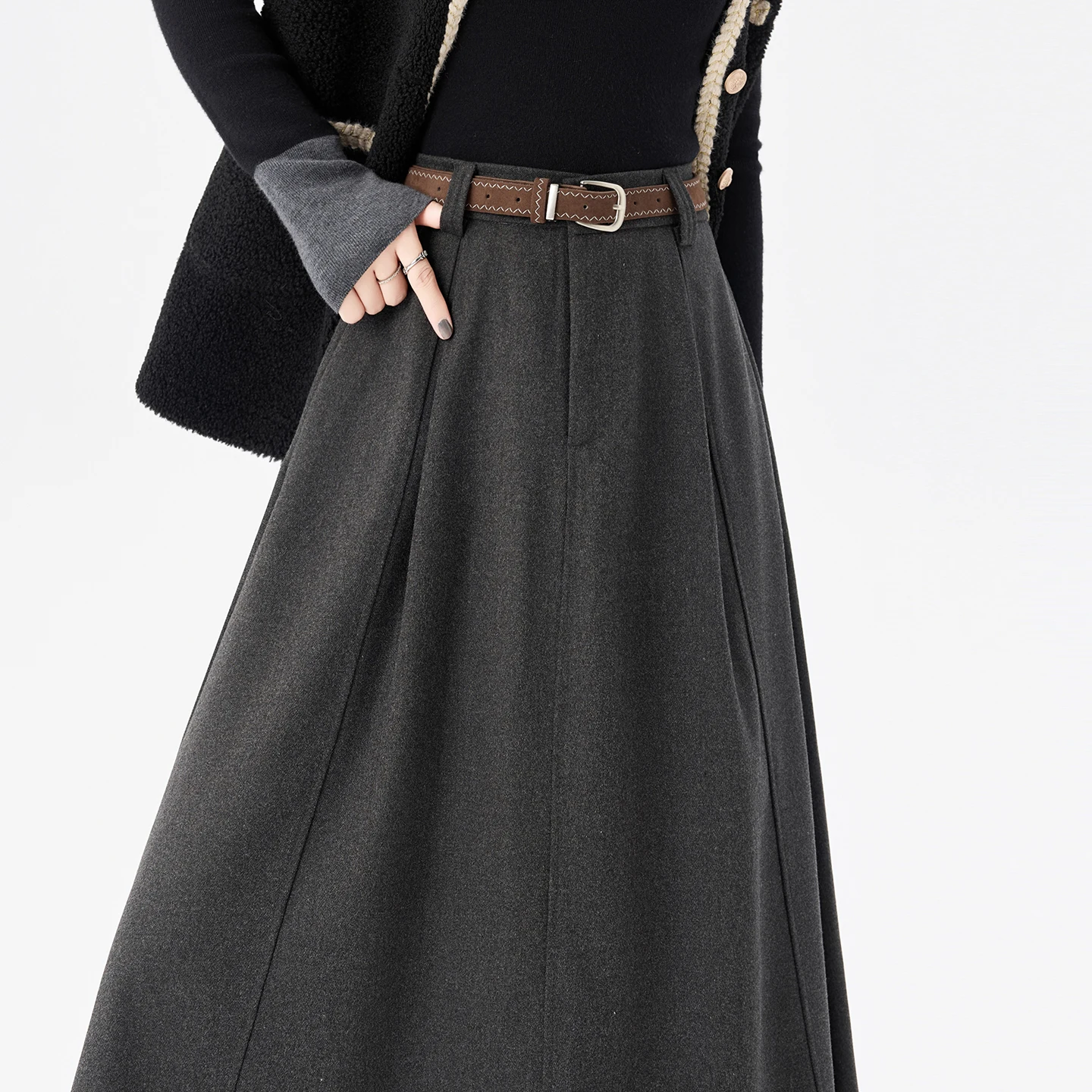 กระโปรงทรงเอ ผ้าวูล สำหรับผู้หญิง ฤดูใบไม้ร่วง ฤดูหนาว เอวสูง ทรงเอ ยาวปานกลาง กระโปรงทรงร่ม กระโปรงยาว