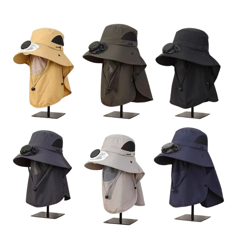 50LE Unisex Foldable Sun Hat Built In Solar Fan with Face Mask For Outdoor Activity