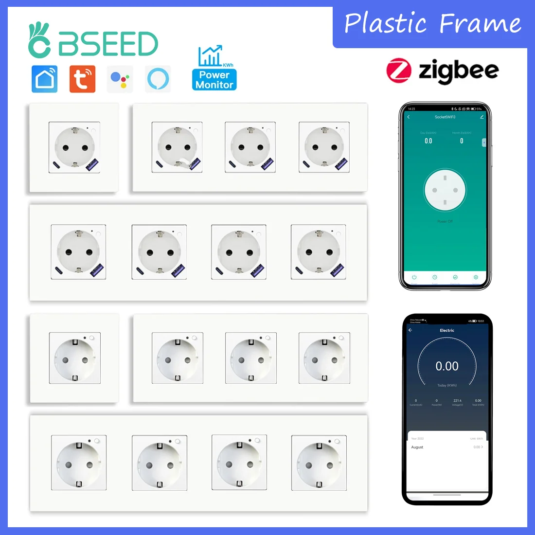 BSEED Zigbee Smart AC Socket EU Power Sockets With USB Type-c Fast Charging Ports Tuya Smart Life Alexa App Plastic Frame White