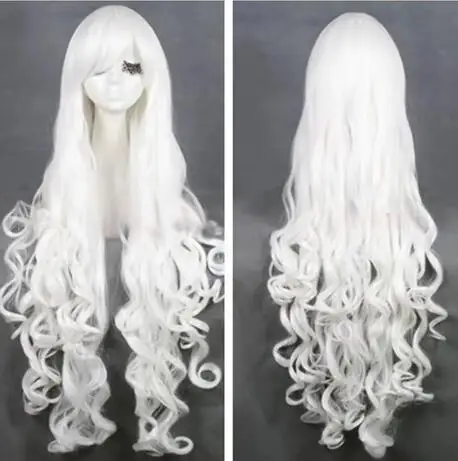 Pelucas de fiesta de Cosplay de onda rizada blanca larga, flequillo de Obique para mujer, 80cm