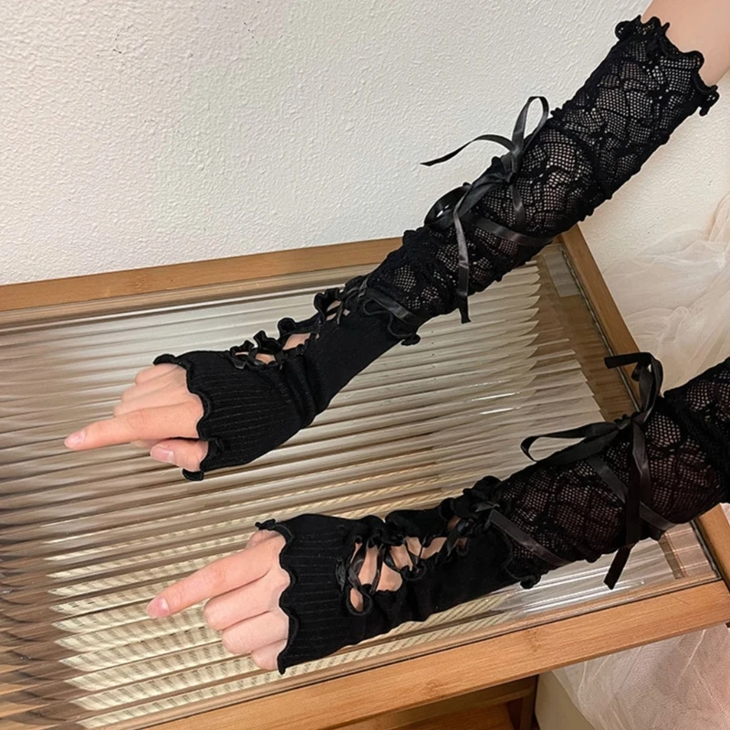 

Womens Vintage Floral Lace Elbow Gloves Balletcore Elastic Lace Bowknot Ribbon Fingerless Gloves for Wedding Party White