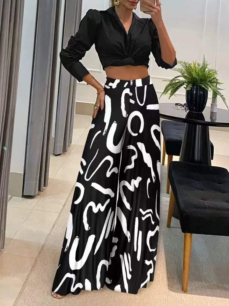 

New Women's Spring Autumn Fashion Printed Sexy Elastic Waist Casual Loose Floor Length Wide Leg Pants