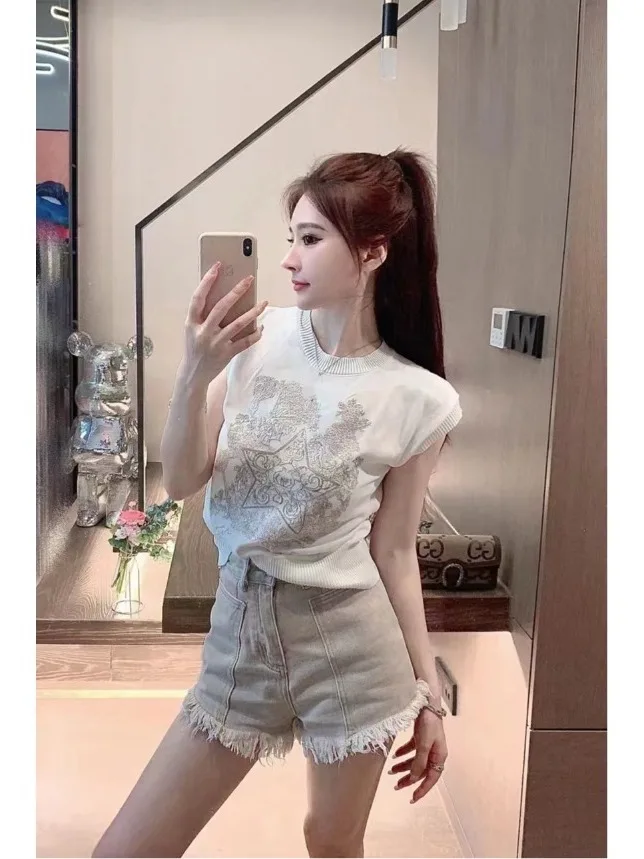 

Heavy Embroidery Svel Knitted Top Women's Faion Slim Fit Design Sensation Summer New Sle Korean Version ort Sve