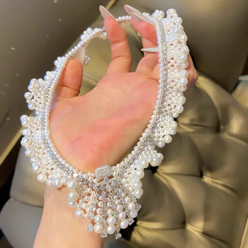 

ZOCA Fine Jewelry Luxury 925 Silver Tassel White Natural Freshwater Pearl Collar Wide Necklace Vintage Women