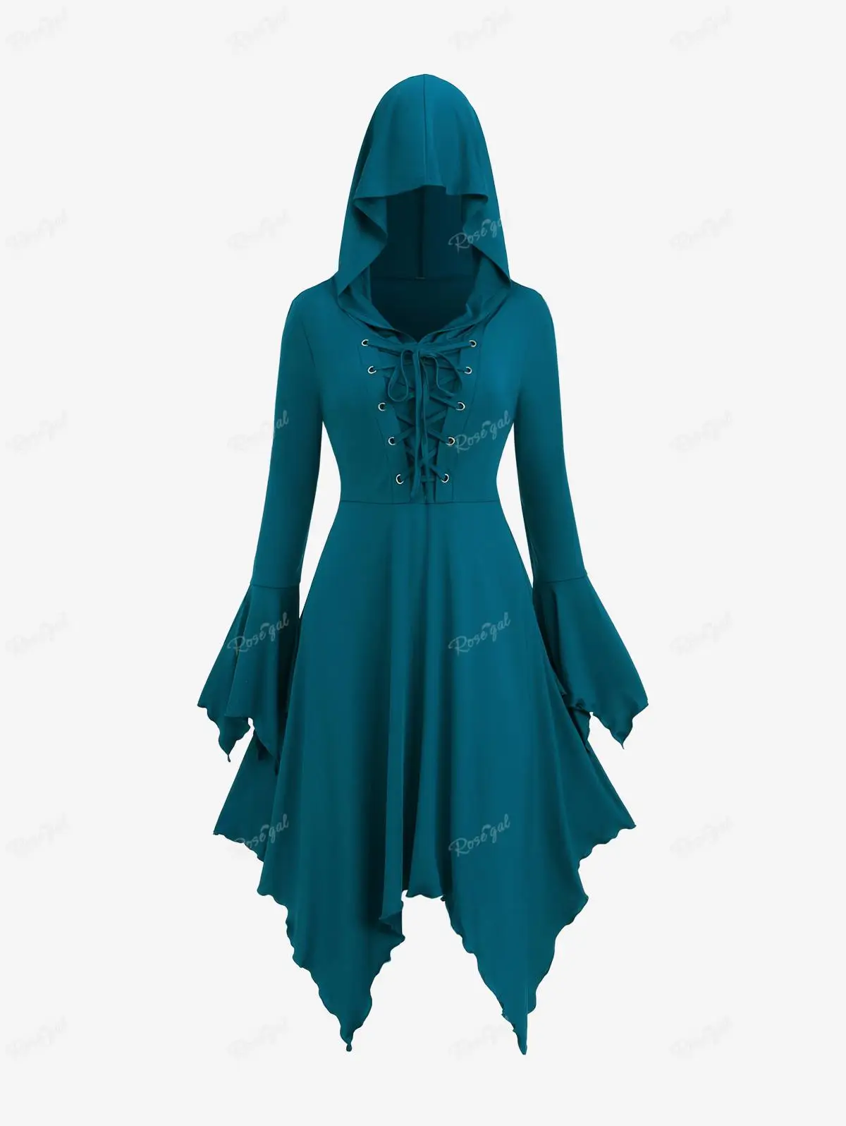 ROSEGAL Plus Size New Hoodie Dresses Blue Lace Up Handkerchief Bell Sleeve Dress With Belt Women Fall Casual Knee-Length Vestido