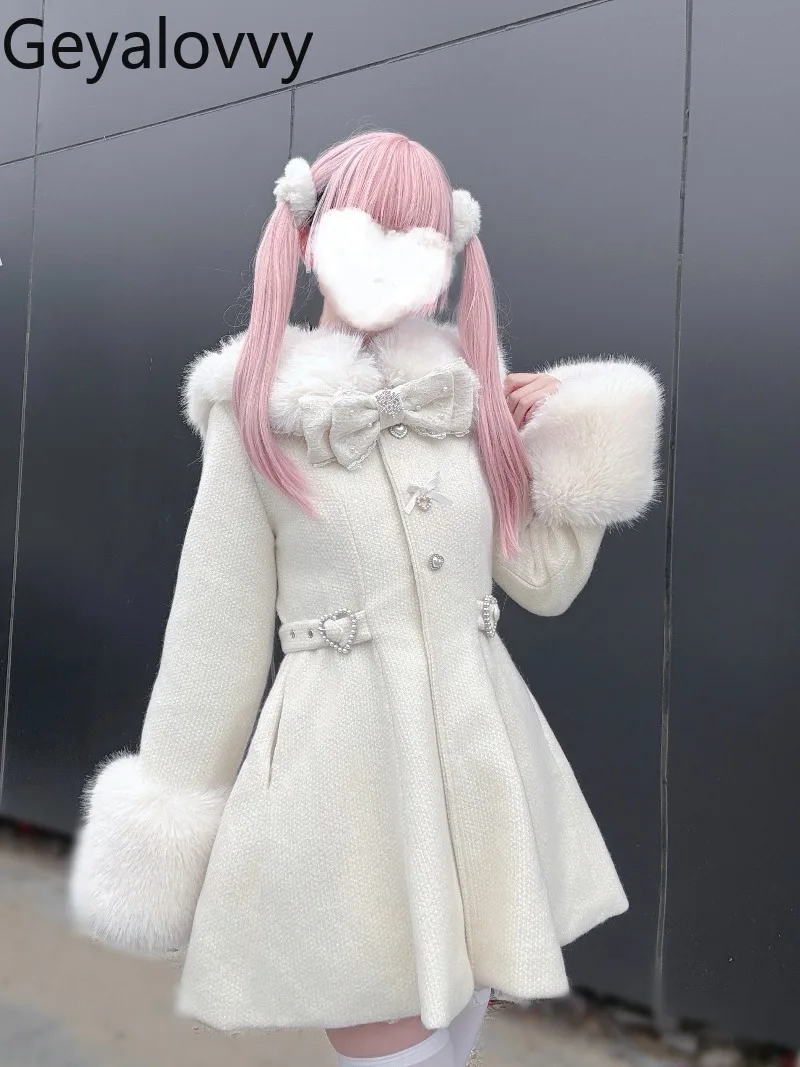 

Original Design Mass-Produced Fur Collar Mid-Length Overcoat with Bow High Waist Slim Fit Japanese Style Cute Long Coat