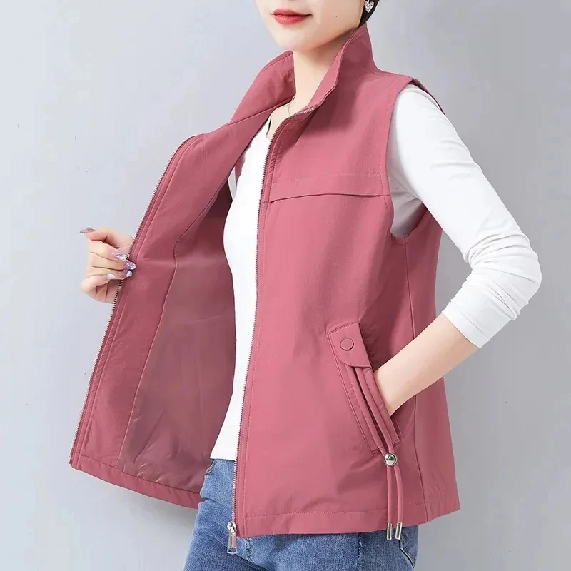 Casual Khaki Short Women\'s Vest Oversize Liner Sleeveless Jackets 2023 Spring Summer New Zipper Basic Waistcoat Female Outerwear