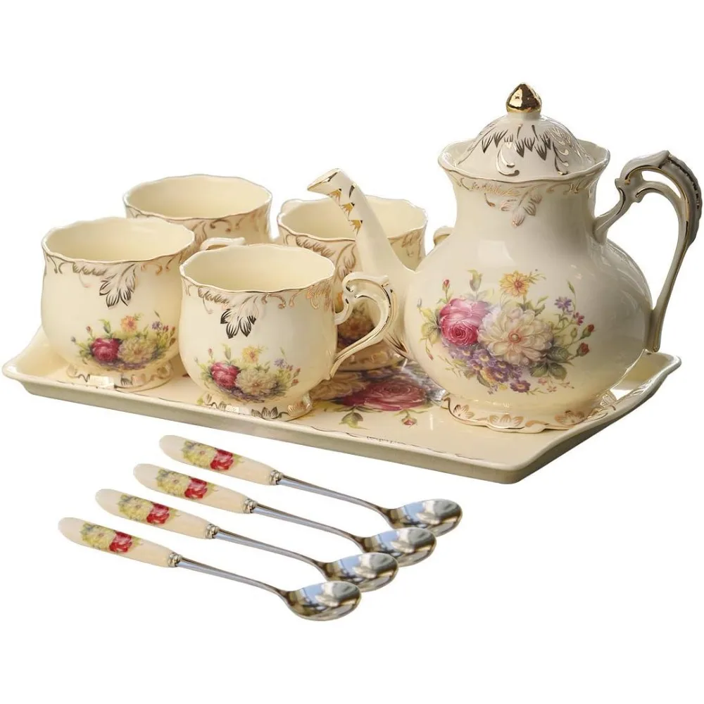 

Vintage Flowering Shrubs Porcelain Tea Set for Elegant Tea Parties and Special Occasions