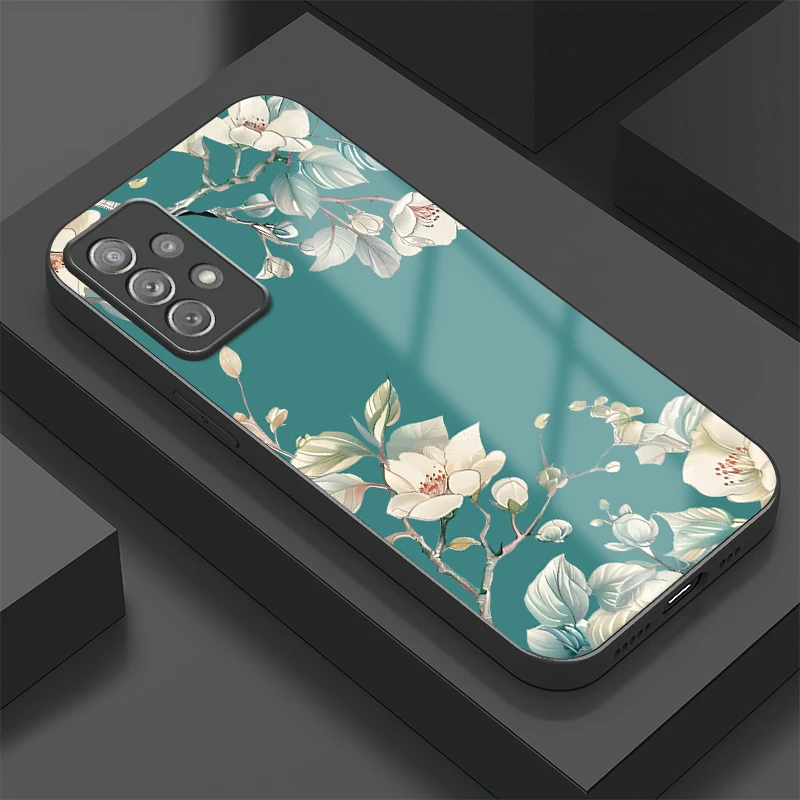 Luxury Tempered Glass Phone Case For Samsung Galaxy A52 A52S A72 A42 A32 A22 A12 Nacho Shockproof Protective Flower Cover