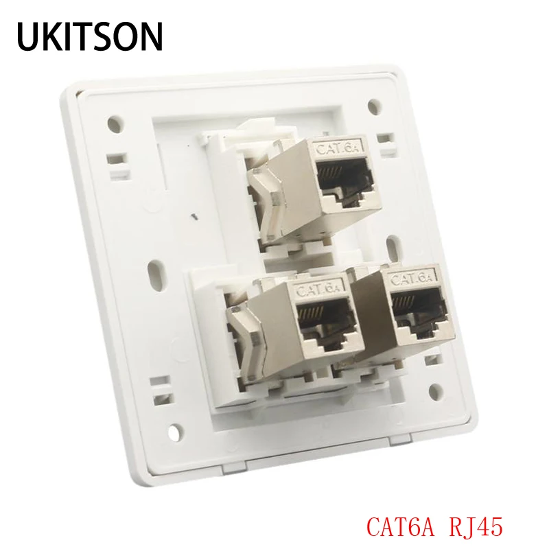 3 Ports Shield CAT6A RJ45 Wall Panel Faceplate In White Female Zinc Alloy CAT.6A LAN Socket 86x86mm For 10G Network Connector