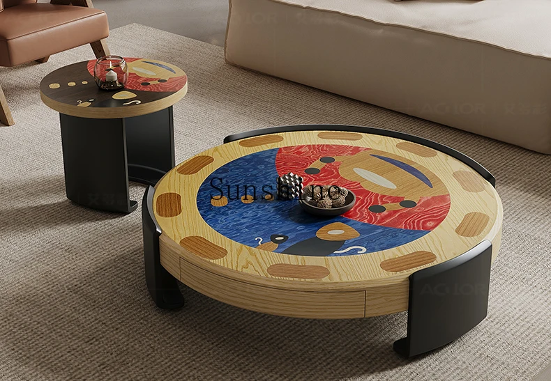 Medieval style living room household round coffee table combination natural veneer tea table