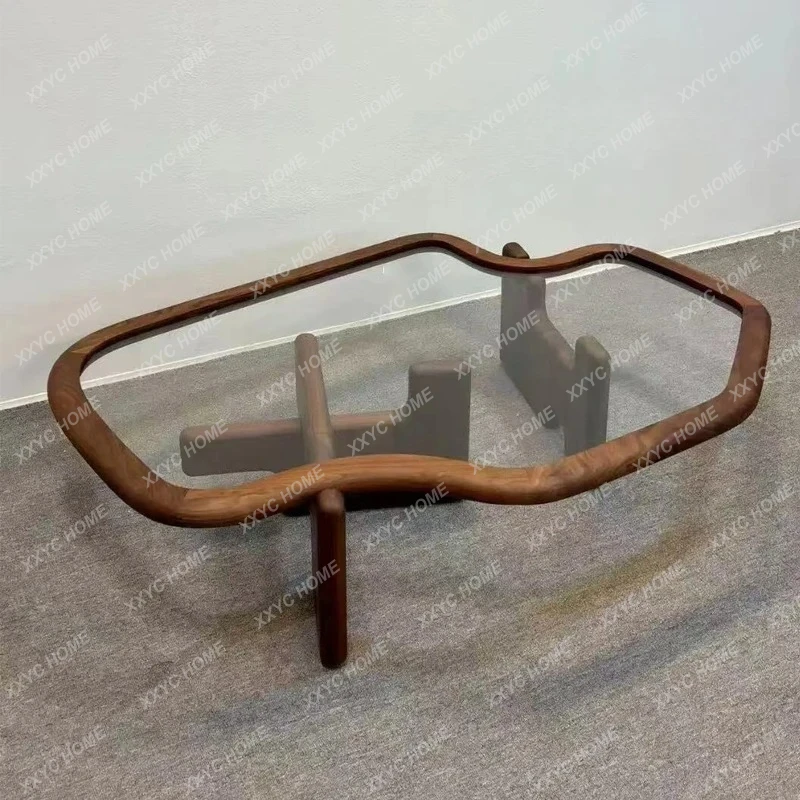 

LMedieval style solid wood coffee table living room art tempered glass small coffee table minimalist irregular household