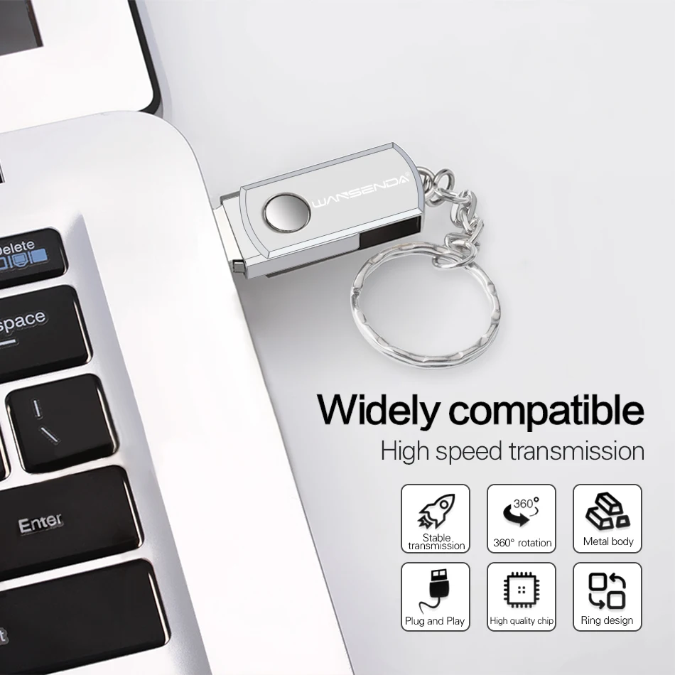 WANSENDA-unidad Flash USB con llavero, Pendrive de Metal con rotación de 128GB, 64GB, 4GB, 8GB, 16GB, 32GB