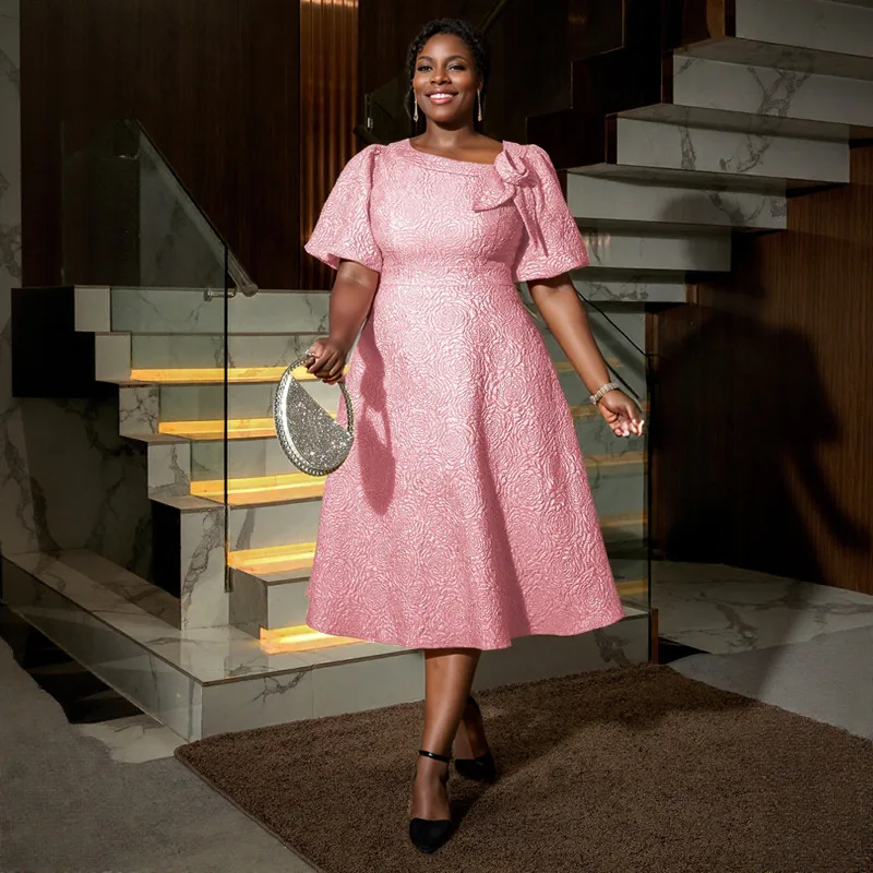 ผู้หญิง Elegant Jacquard A-Line ชุดเดรสแขนสั้น 3D ดอกไม้พัฟแขนวันเกิดงานแต่งงานสํานักงานสุภาพสตรีใส่ทํางาน https: