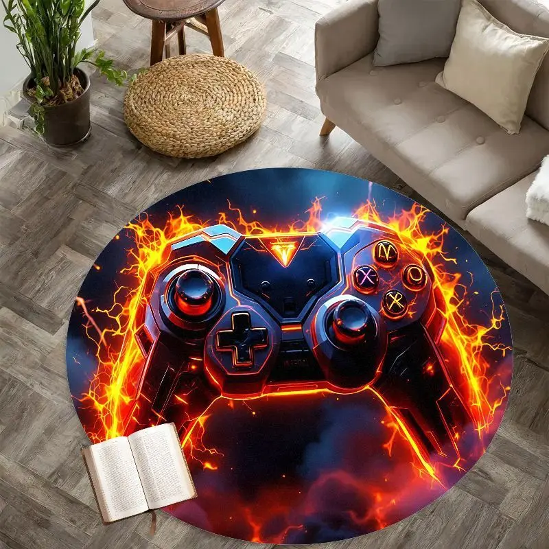 Fire Lightning Game Controller Round Rug Extreme Gamer Decor Glowing Energy Floor Mat Man Cave Gaming Setup